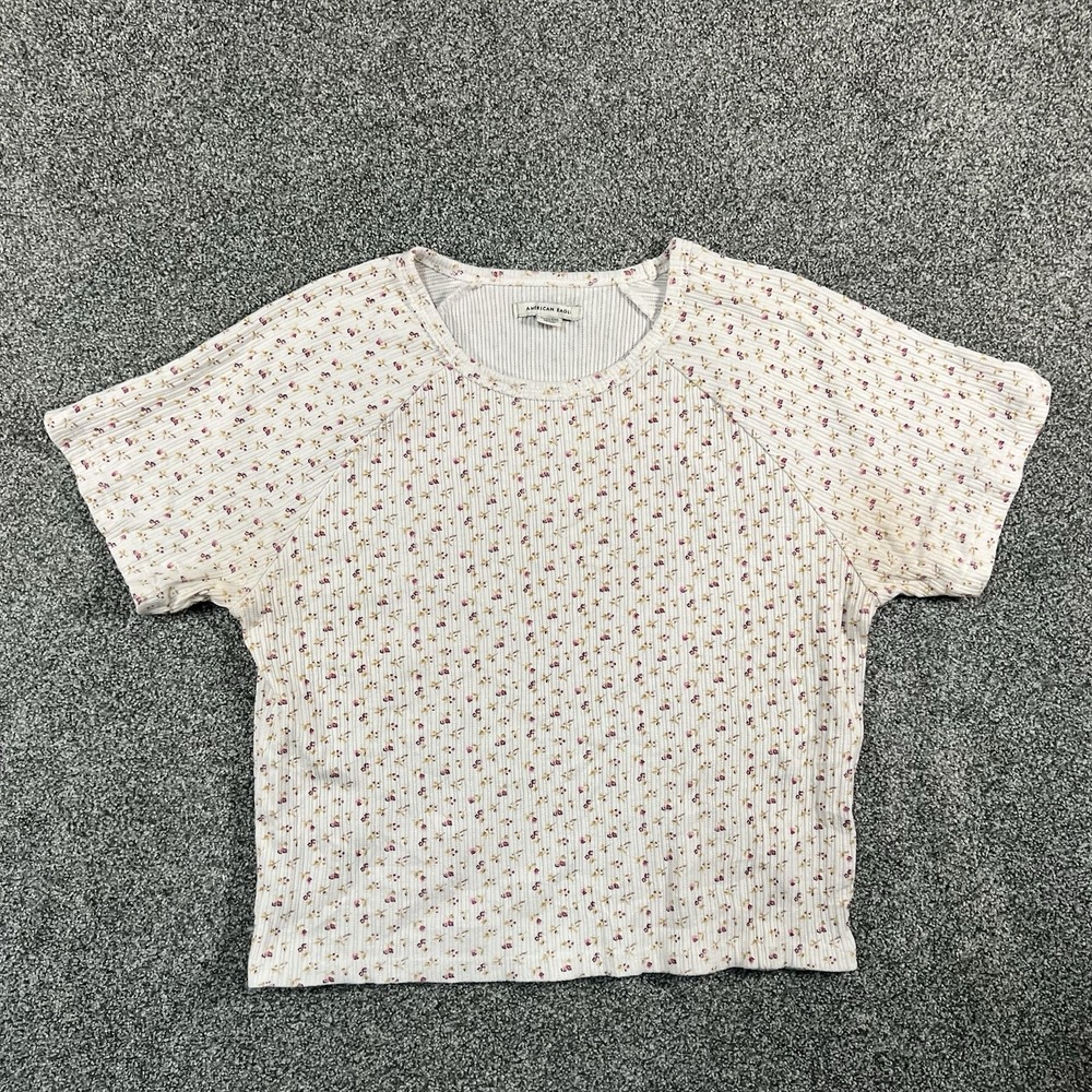 American Eagle Womens XL Floral Ribbed Short Sleeve Crew Neck Top White